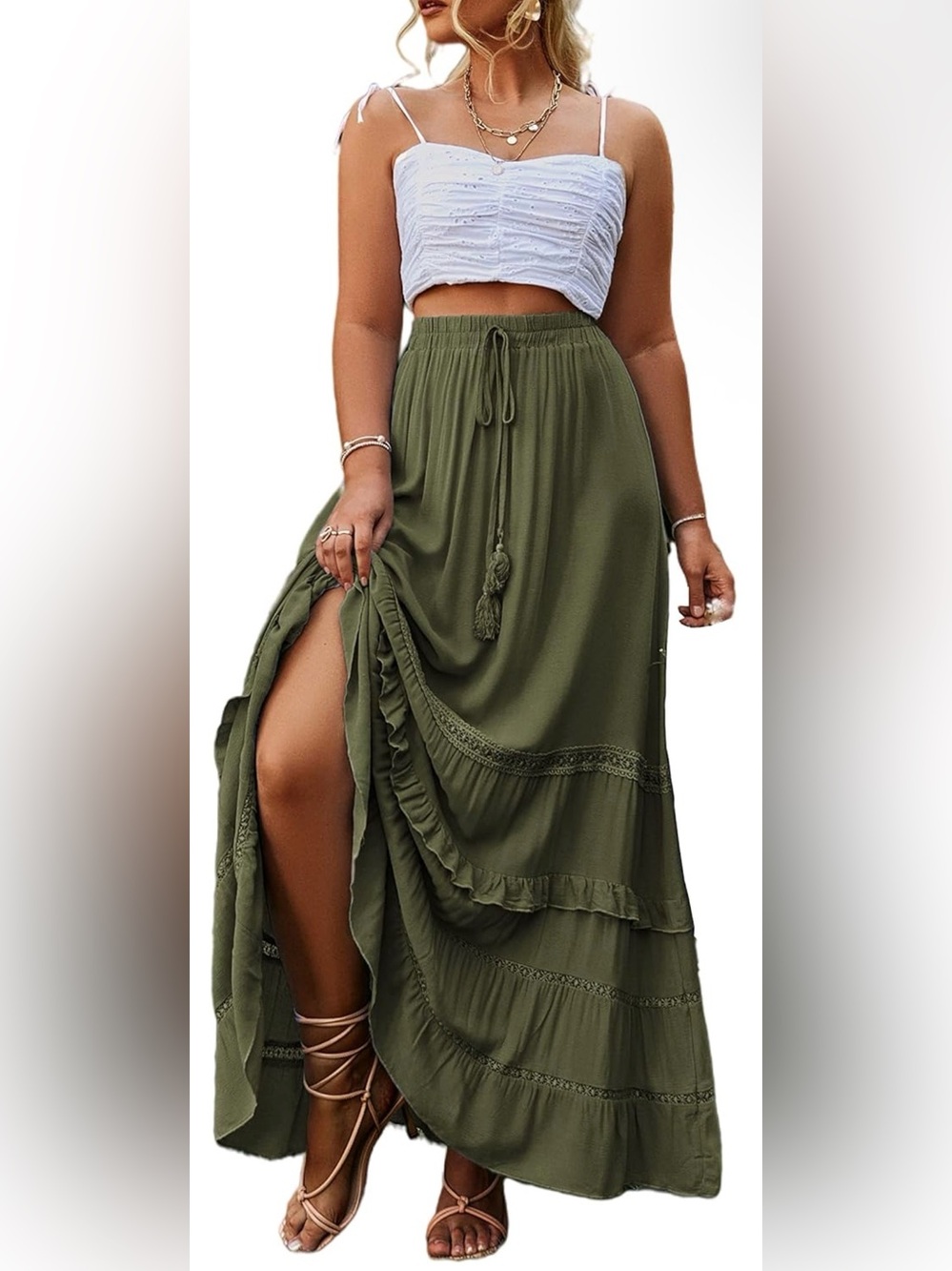 NWT BerryGo Olive Green Boho Maxi Skirt | Plus Size 4X / 22 | Flowy Cottagecore